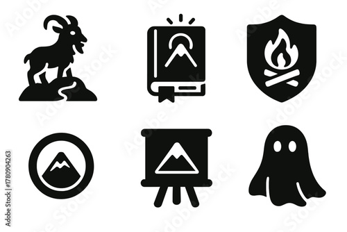 Magnetic Hill Legends. Solid style icons of local magnetic hill legends: folklore glyph, mystery book icon, campfire badge. Myth
