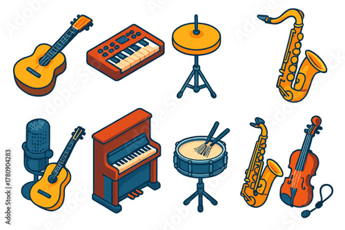 Vibrant Music Instruments. Isometric vector illustration set music instruments: parlor travel guitar, compact synthesizer piano,