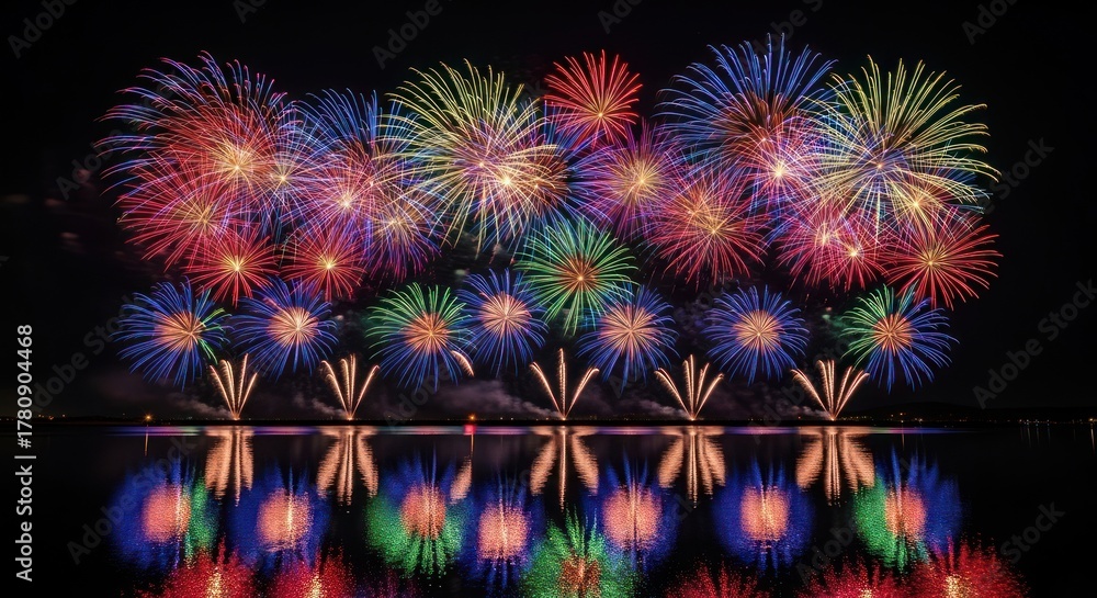 Fototapeta premium Colorful fireworks explode over water, reflecting in the glassy surface under a dark sky, creating a vibrant, symmetrical display