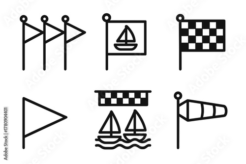 Vexillology Icon Set. Line style icons of Vexillology: sailing regatta flags, yacht signal flag, racing banner, triangular pennant