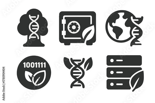 Eco DNA Icons. Solid style icons of environmental DNA archives: DNA strand inside tree icon, eco-friendly data vault, planet +
