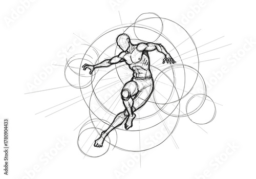 Dynamic sketch of a running figure amidst geometric patterns in line art style