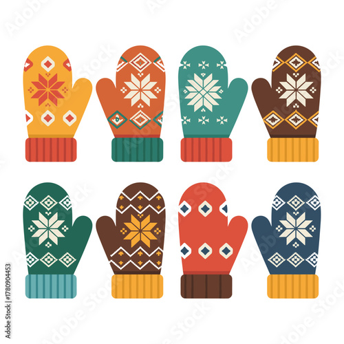 Collection of eight cozy knitted winter mittens with festive nordic patterns in various colors