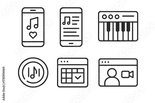 Music Therapy Tools. Line style icons of digital tools for music therapy: music therapy app, playlist builder screen, digital
