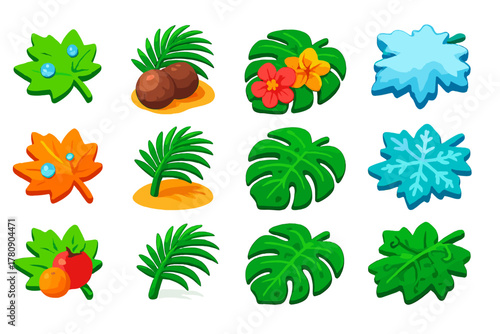 Vibrant Tropical Leaves. Isometric vector illustration set Tropical and Decorative Leaves: maple leaf with dew drops, palm leaf