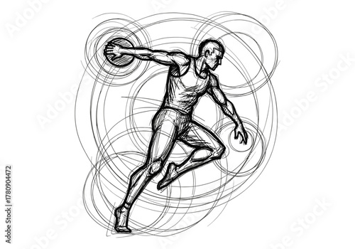 Dynamic sketch of athlete throwing disc in spirals