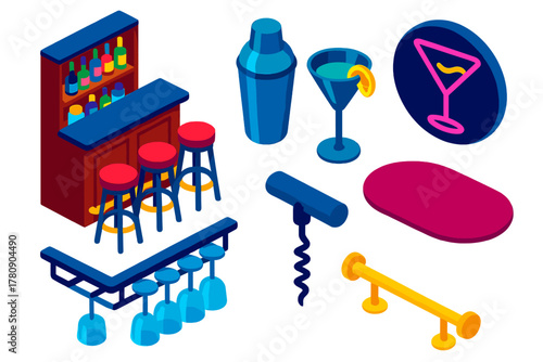 Home Bar Essentials. Isometric vector illustration set Interior layout – home bar counter, bar stools, liquor shelf; cocktail