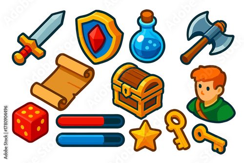 Gaming Icon Set. Isometric vector illustration set Gaming: RPG sword, fantasy shield, magic potion, treasure chest, quest scroll,
