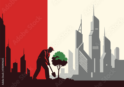 Urban greening: silhouette of gardener cultivating tree in futuristic cityscape