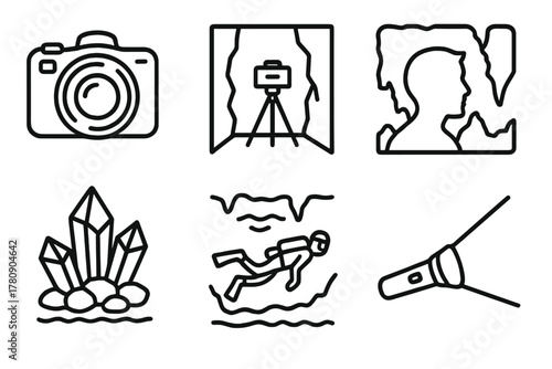 Cave Photography Icons. Line style icons of cave photography: camera with light ring, tripod in narrow passage, silhouette against