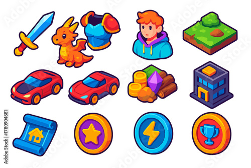 Vibrant NFT Gaming Assets. Isometric vector illustration set NFT Gaming Assets: in-game NFT sword, NFT armor, NFT pet, NFT avatar