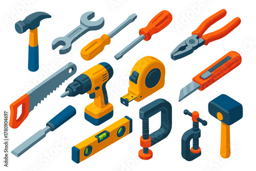 Colorful Tool Icons. Isometric vector illustration set Tools: hammer, wrench, screwdriver, pliers, saw, drill, tape measure,