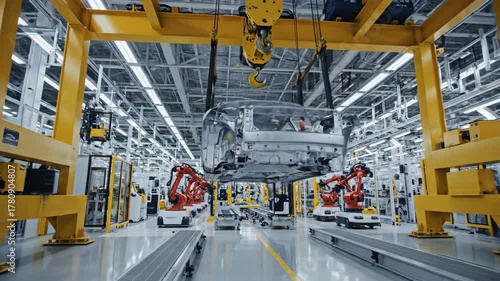 Automobile body shell suspended by overhead crane during assembly process