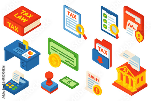 Law and Tax Compliance. Isometric vector illustration set Law and Justice: tax law book, income tax form, audit checklist,