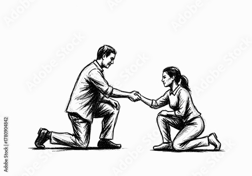 Sketch style handshake between kneeling man and woman on white background
