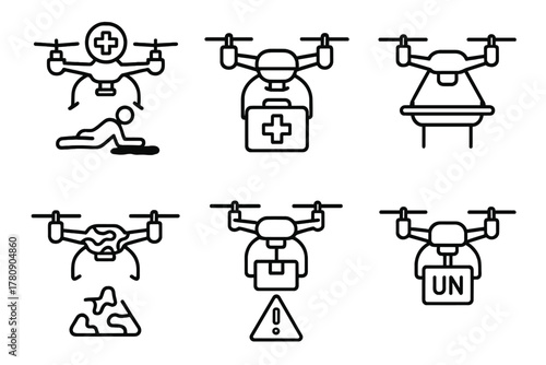 Military Medical Drones. Line style icons of military and crisis medical drones: battlefield drone aid, tactical drone medic kit,