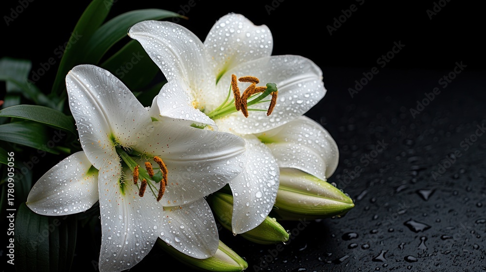 Fototapeta premium Close-up of two large white flowers with water droplets, resting on a wet black surface with leaves