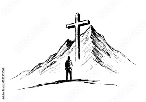 Silhouette of person and cross with majestic mountain backdrop in black and white sketch