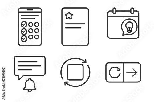 Microlearning Line Icons. Line style icons of behavior change through microlearning: habit stack tracker, small step card, daily
