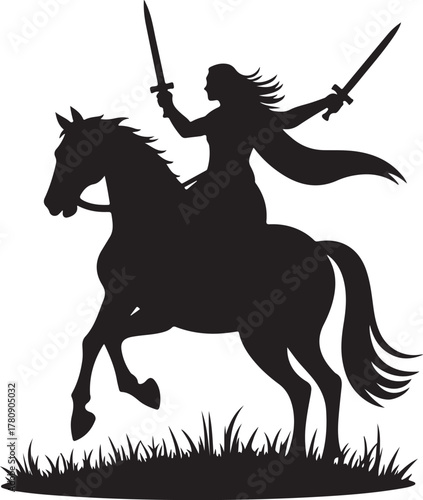 Black silhouette of woman warrior on horseback with swords