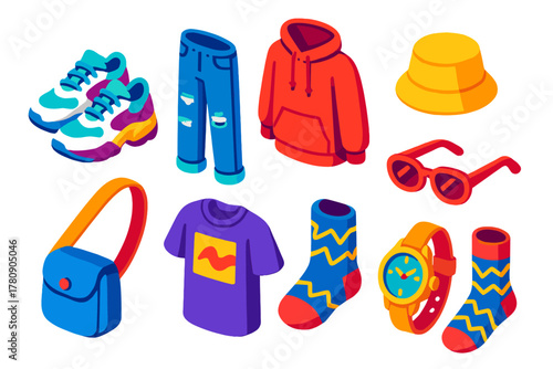 Street Fashion Icons. Isometric vector illustration set Street fashion – chunky sneakers, distressed jeans, oversized hoodie;