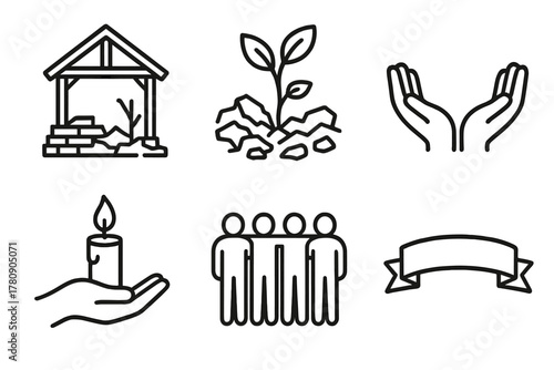 Icons of Hope. Line style icons of recovery and hope: rebuilding home frame, planted tree in ruins, support hand icon, candlelight