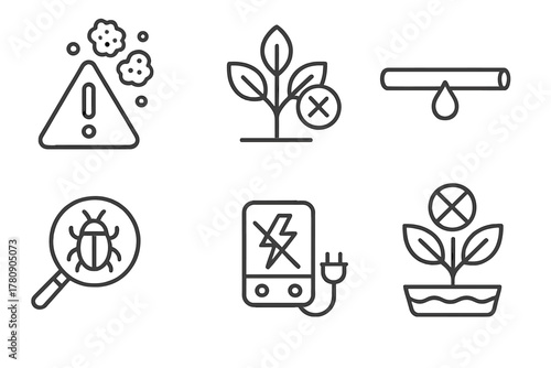 Vertical Farming Icons. Line style icons of vertical farming challenges: mold alert icon, crop disease symbol, water leak,