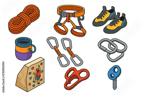 Outdoor Climbing Gear Icons. Isometric vector illustration set Outdoor sports – rock climbing rope, harness, climbing shoes; chalk