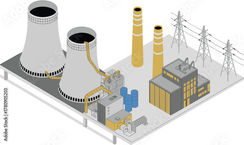 Isometric power plant industrial illustration with cooling towers, electrical transformers, energy facility and high voltage transmission pylons, factory concept, technology