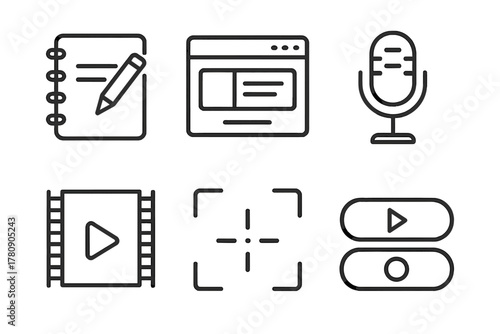 Microlearning Tools Icons. Line style icons of content creation for microlearning: script writing notebook, slide editor icon,