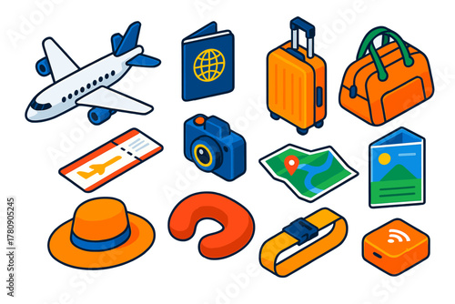 Air Travel Essentials. Isometric vector illustration set Air Travel Essentials: airplane side view, passport with seal, cabin
