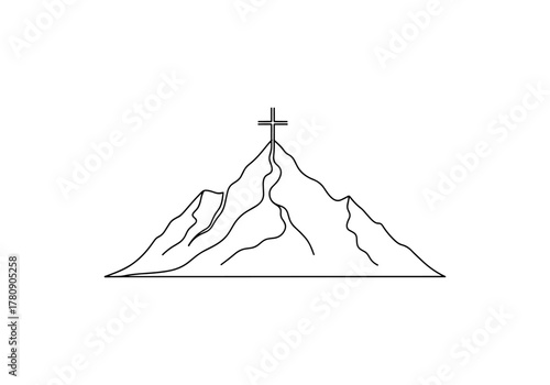 Minimalist mountain with cross line art design for spiritual themes