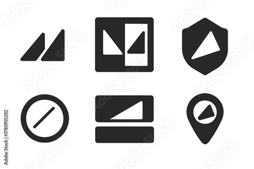 Slope Comparison Icons. Solid style icons of slope comparison zones: incline side-by-side glyph, real vs illusion icon, diagram