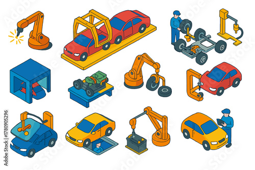 Automotive Manufacturing Icons. Isometric vector illustration set Automotive Manufacturing: robotic welding arm, car assembly line