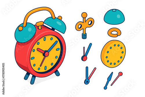 Retro Alarm Clock Icons. Isometric vector illustration set Retro electronics – analog alarm clock, twin bell, wind-up key; hour