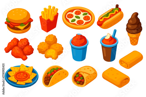 Bold Fast Food Icons. Isometric vector illustration set Fast Food Items: bacon burger, shoestring fries, margherita pizza, hot dog