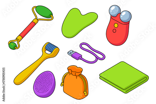 Skincare Tools Icons. Isometric vector illustration set Skincare routine – facial massage tool, gua sha stone, microcurrent wand;