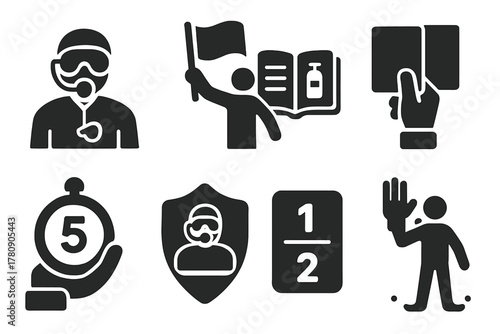 Scuba Referee Icons. Solid style icons of referee and rules: scuba referee with whistle, underwater flag signal, rulebook with