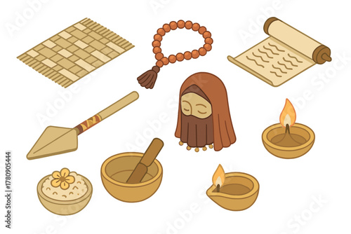 Isometric Cultural Rituals. Isometric vector illustration set of Cultural rituals: handwoven mat, prayer beads, sacred script