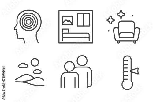 Mindset and Environment Icons. Line style icons of set and setting: internal mindset icon, physical room layout, comfort space