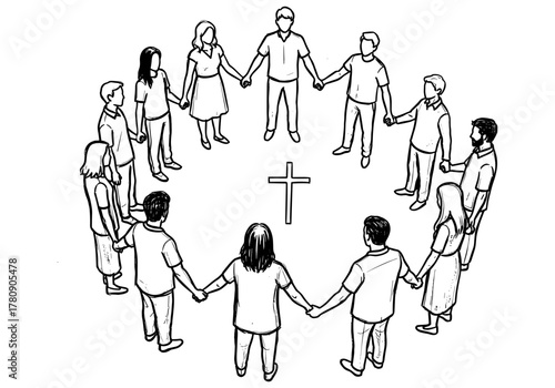 Group of people holding hands in prayer circle around cross in black and white