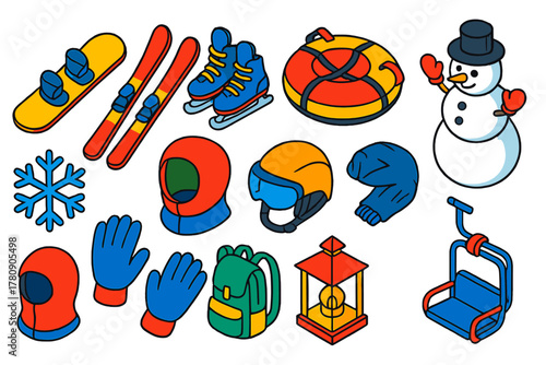 Winter Sports Icons. Isometric vector illustration set winter sports and fun: children’s snowboard, freestyle skis, recreational