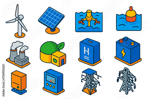 Renewable Energy Icons. Isometric vector illustration set Renewable Energy Equipment: wind turbine, solar panel, tidal power