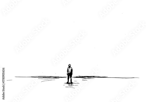Solitary figure standing in minimalist landscape with reflective water surface