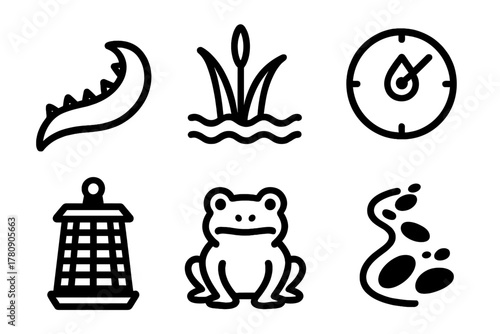 Cryptid Research Icons. Line style icons of Cryptid Research: Lizardman tail, swamp plant, humidity gauge, bug zapper, frog icon,