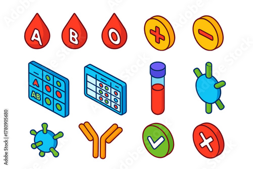 Blood Type Compatibility Icons. Isometric vector illustration set Blood Type and Compatibility: A type icon, B type icon, AB type