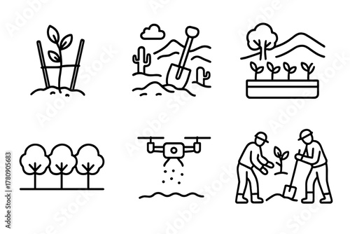 Reforestation Icons Collection. Line style icons of reforestation in drylands: sapling with support sticks, digging pit in desert,