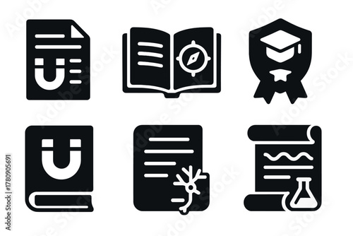Magnetoreception Research Icons. Solid style icons of academic magnetoreception publications: research paper icon, open journal