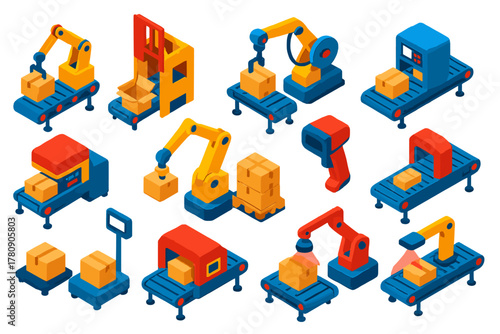 Packaging Automation Icons. Isometric vector illustration set Packaging and Labeling Automation: robotic arm, carton erector,
