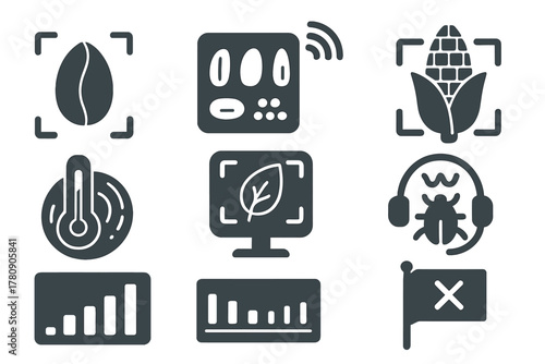 Grain and Seed Icons. Solid style icons of grain and seed scan: wheat kernel light scan, rice purity pattern, corn under spectrum.